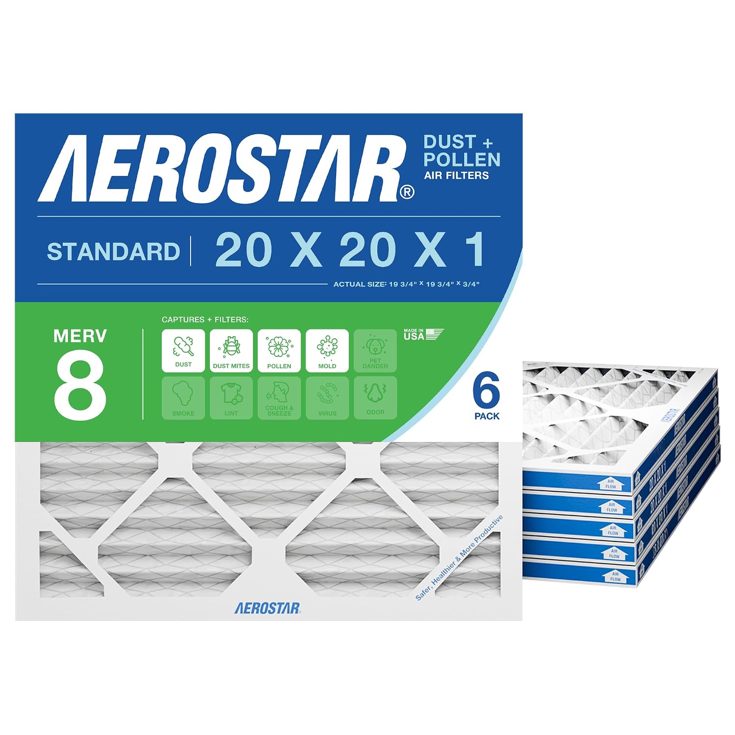Aerostar Air Filter 20x20x1 MERV 8 AC Filter, HVAC, Furnace Filter, 6 Pack