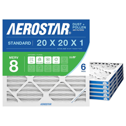 Aerostar Air Filter 20x20x1 MERV 8 AC Filter, HVAC, Furnace Filter, 6 Pack