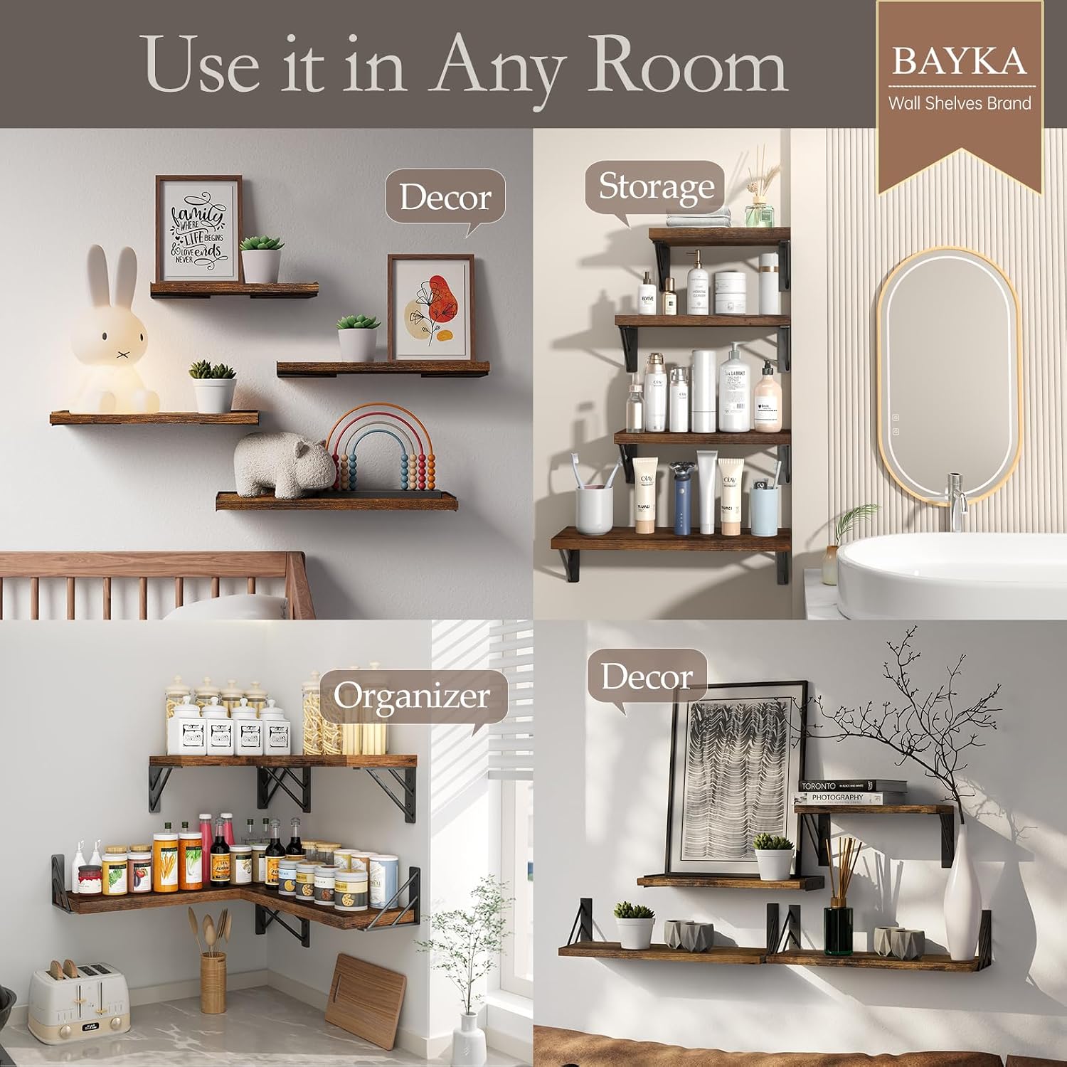 BAYKA Wall Mounted Floating Shelves (Rustic Brown, Set of 4, 16" Mixed)