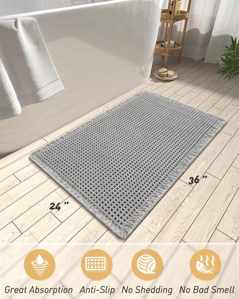 AMOAMI Upgraded Non Slip Absorbent Waffle Bath Mat 24" x 36", Light Grey