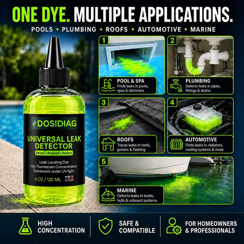 Pool Leak Detection Dye – 4 oz Fluorescent Tracer Dye for Pools, Spas, Plumbing, Roofs & Cars – UV Reactive – Made in USA