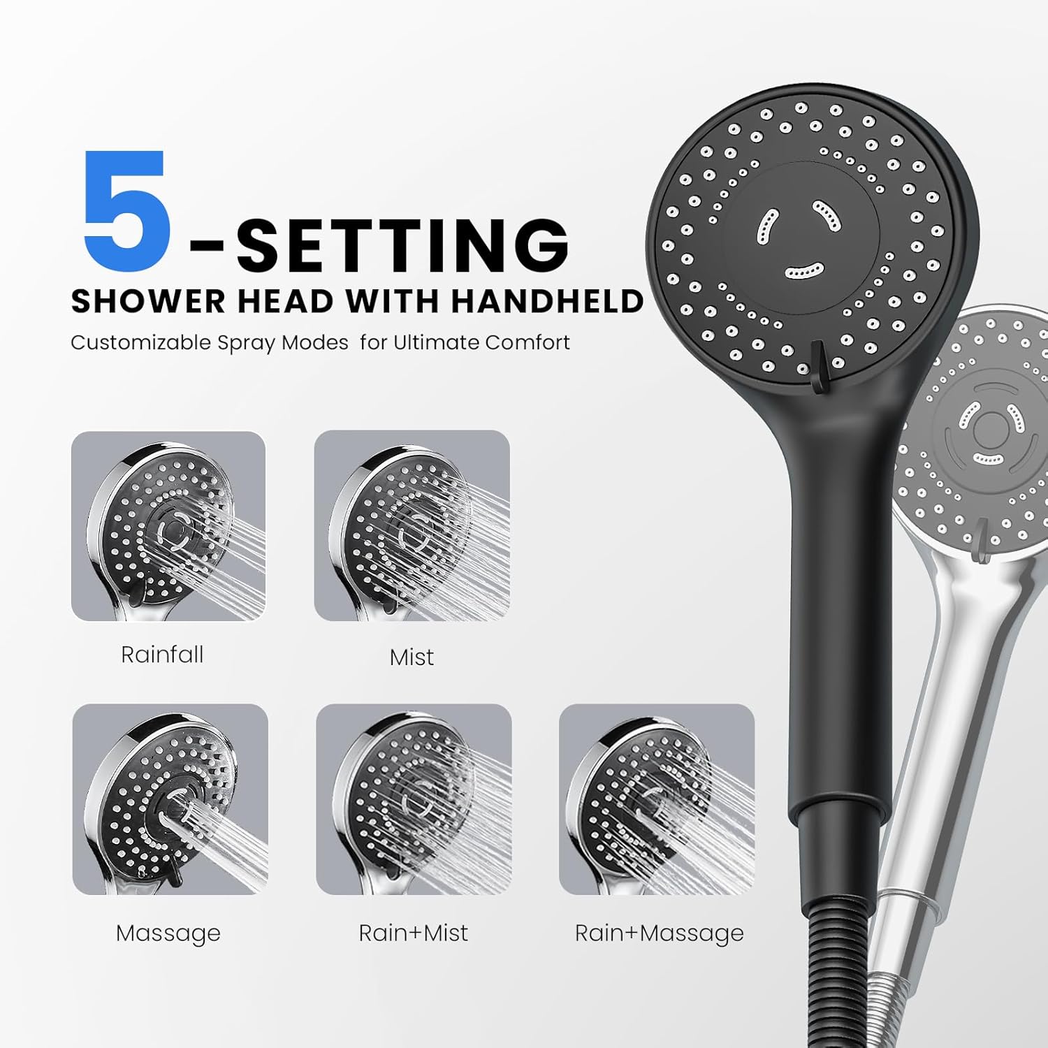 Black Rain Shower Head with Handheld Shower Head, 5 Spray Modes