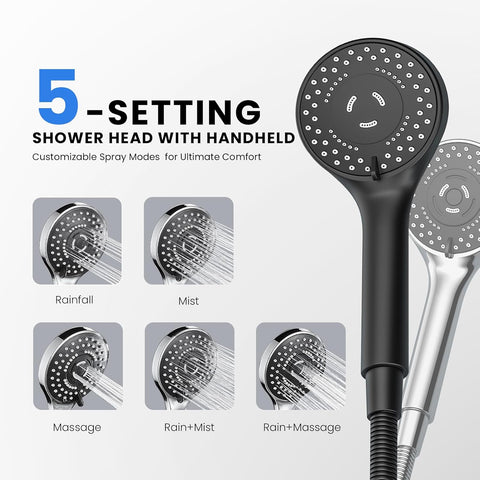Black Rain Shower Head with Handheld Shower Head, 5 Spray Modes