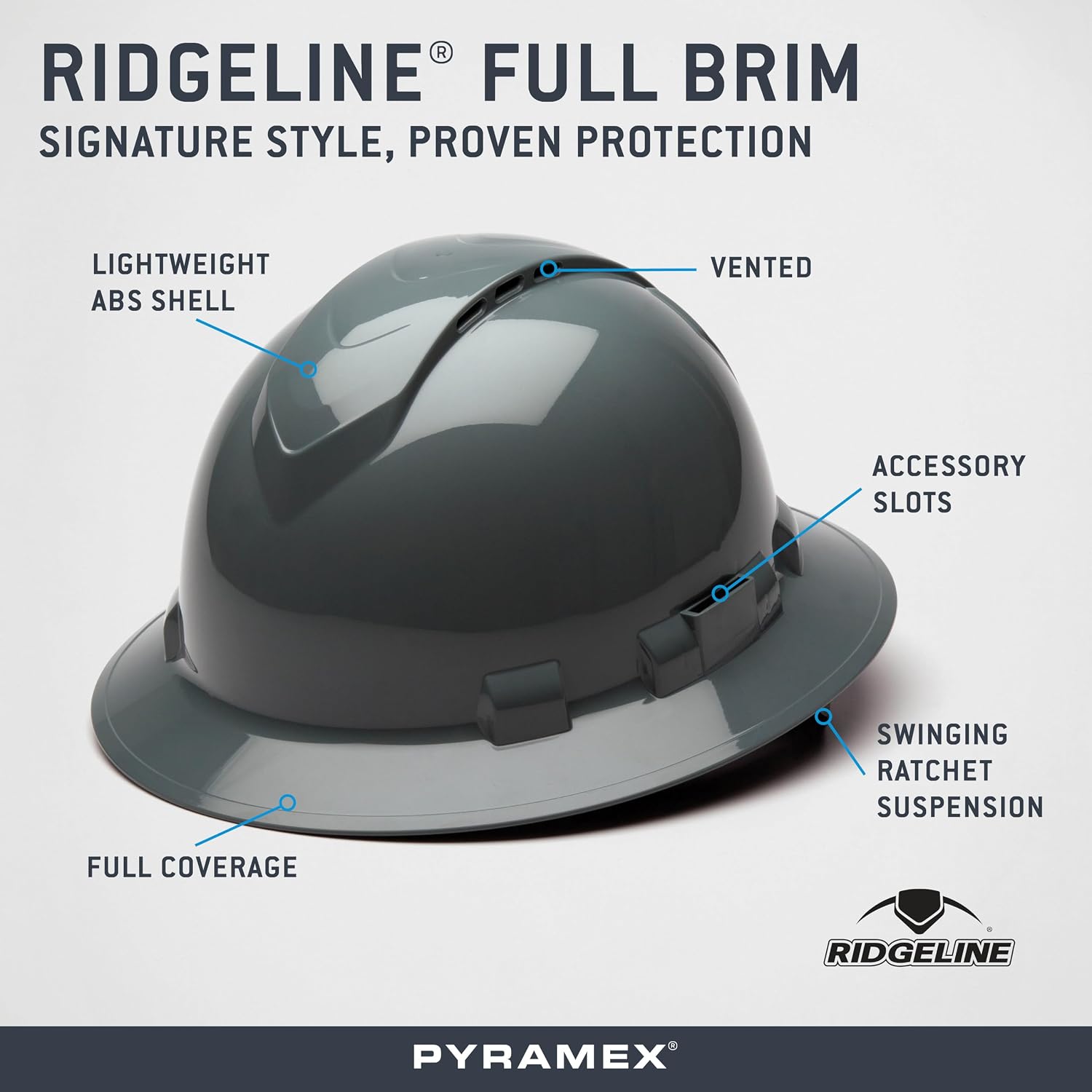 Pyramex Ridgeline Full Brim Hard Hat 4 Point Ratchet Vented
