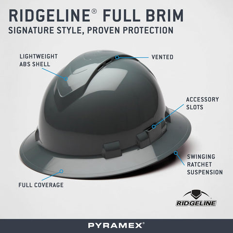 Pyramex Ridgeline Full Brim Hard Hat 4 Point Ratchet Vented