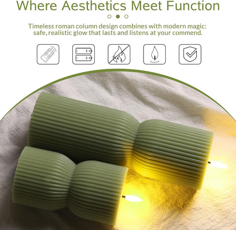 Olive Green Ribbed Flameless Pillar Candles with Remote Set of 2