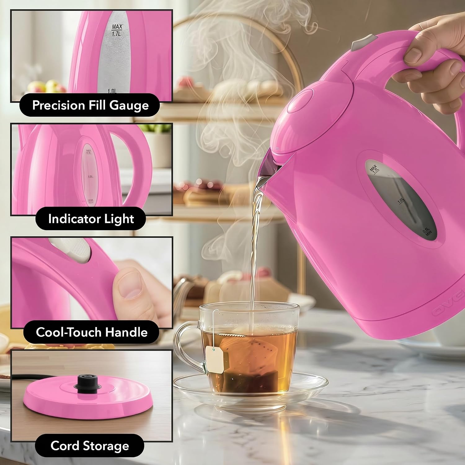 OVENTE 1.7L Electric Tea Kettle, 1100W BPA-Free Water Boiler, Pink KP72P