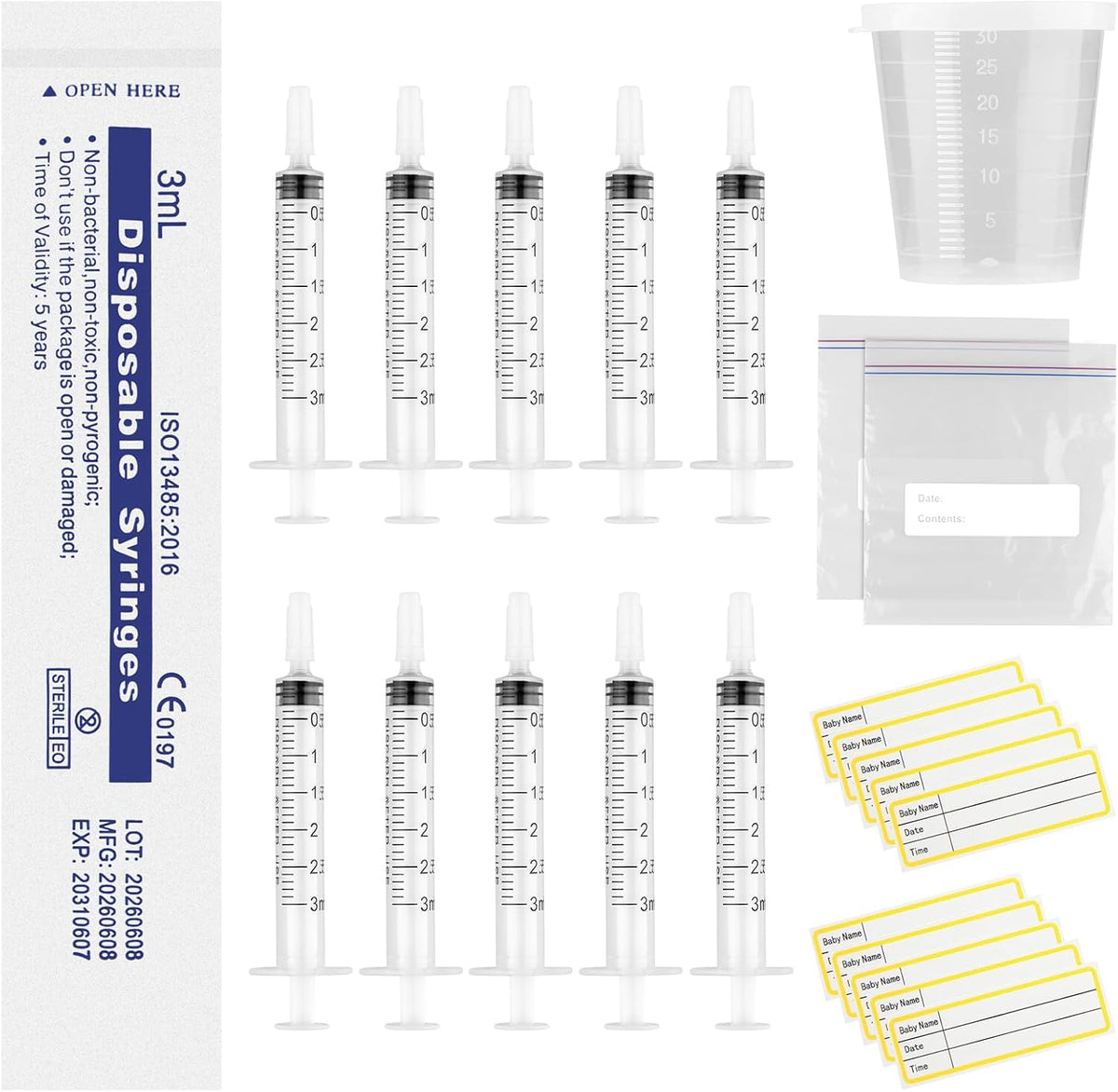20 Sets 3ml Colostrum Syringes with Caps No Needle Colostrum Collector Kit Include 20pcs 3ml Sterile Syringes, 20 Labels, 2 Storage Bags and 1 Measuring Cup