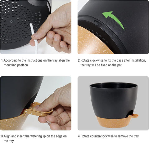 UOUZ Large Self Watering Pots, 12/10/9 Plastic Planters with High Drainage Holes and Deep Reservoir for Indoor Outdoor Garden Plants and Flowers, Black with Brown