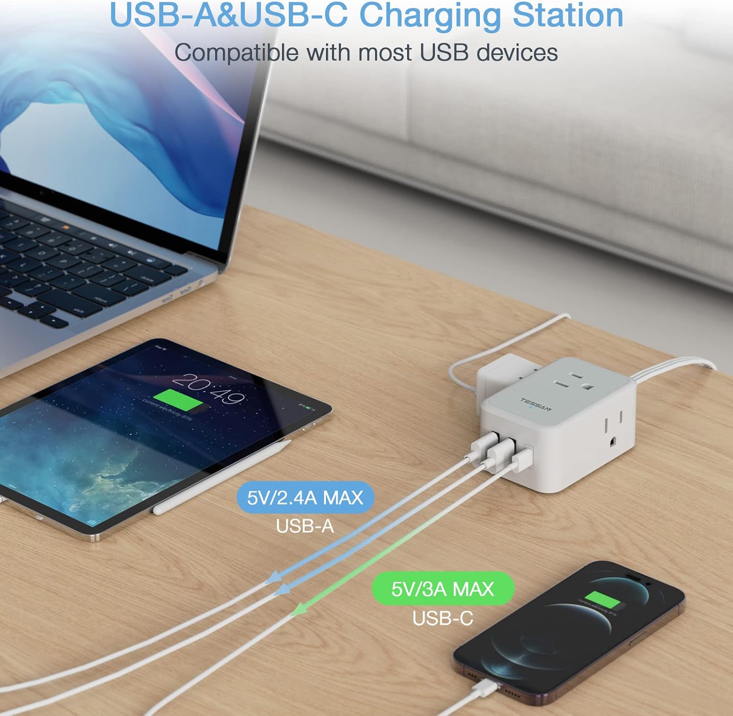 TESSAN Small Flat Plug Power Strip, Ultra Thin Extension Cord 5 ft, Grey (Pack of 2)