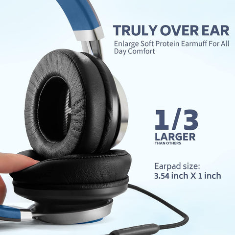 AC01 Over-Ear Headphones Wired with Mic Volume Control, Black Blue