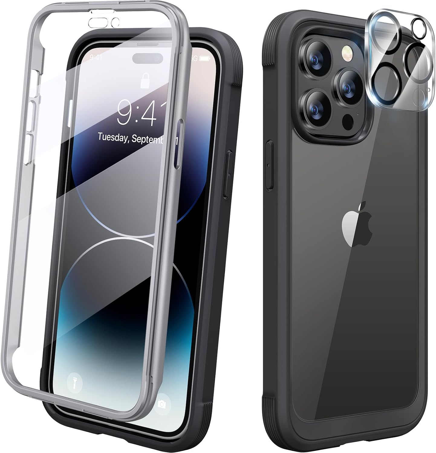 Diaclara Designed for iPhone 14 Pro Case 6.1’’, Full Body Rugged Case w/Built-in Touch Sensitive Anti-Scratch Screen Protector+9H Tempered Glass Camera Lens Protector (Black)