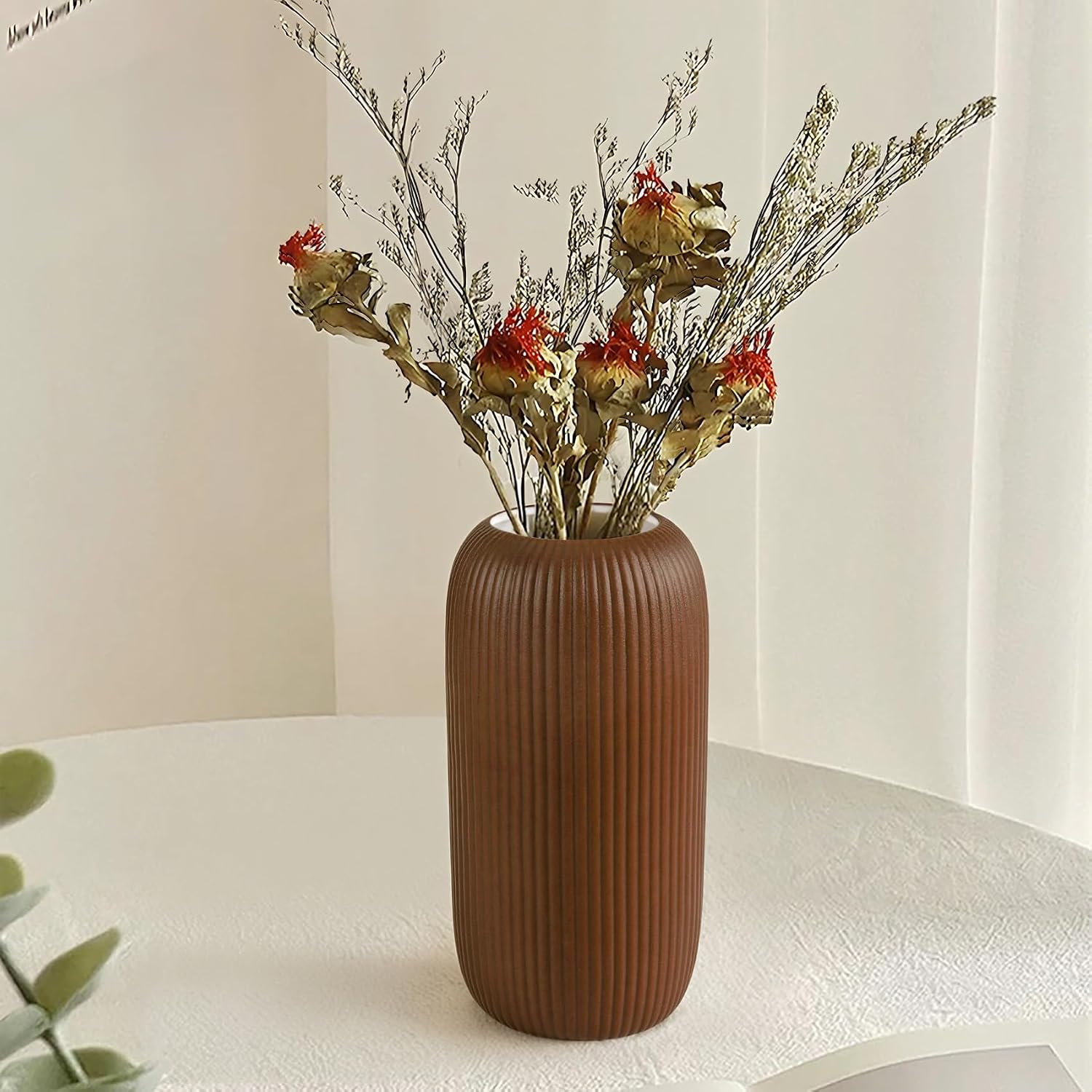 Ceramic Vase for Flowers – Modern Small Ribbed Textured Flower Vase for Home Decor, Pampas Grass, Decorative, Farmhouse, Coffee Table, Kitchen Centerpieces, Bookshelf and Home Living (Caramel)