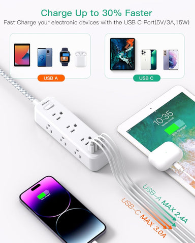 10FT Power Strip, 13-in-1 Long Extension Cord with Multiple Outlets with 9 Wide Spaced Outlets and 4 USB Ports, Flat Plug Wall Mount Charging Station for College Dorm Room Essentials, Office, White