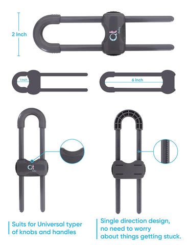 QT BABY - Pack of 12 - Baby Proofing Cabinet Locks Adjustable U Shaped Baby Safety Latches for Drawers, Fridge, Closet Modern Baby Proofing Cabinet Lock with Extra Secure Lock Buttons (Thunder Grey)