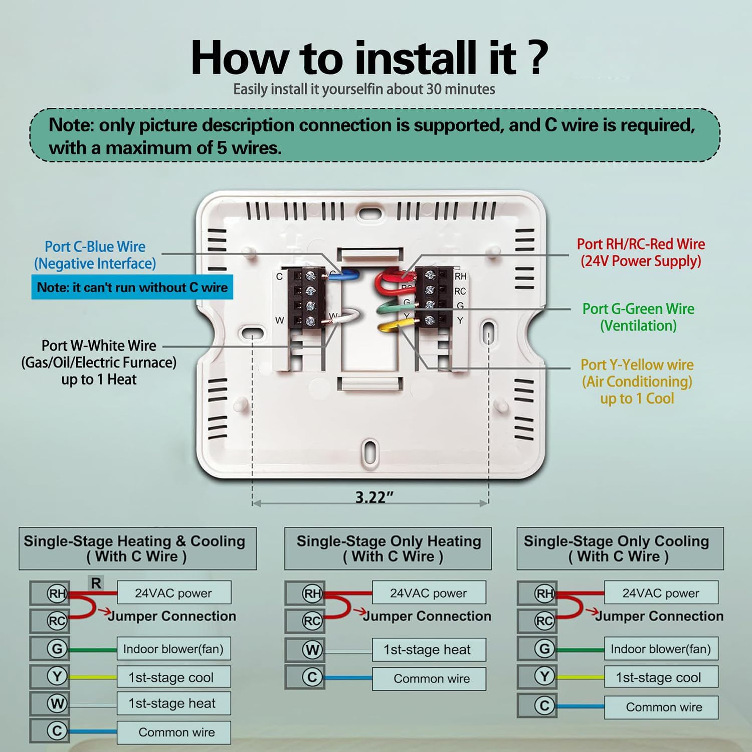 WiFi Thermostats for Home Smart Thermostat Single-Stage 1Heat/ 1Cool, APP Remote Control, 7-Day or 0-Day Programmable. (C-Wire Required)