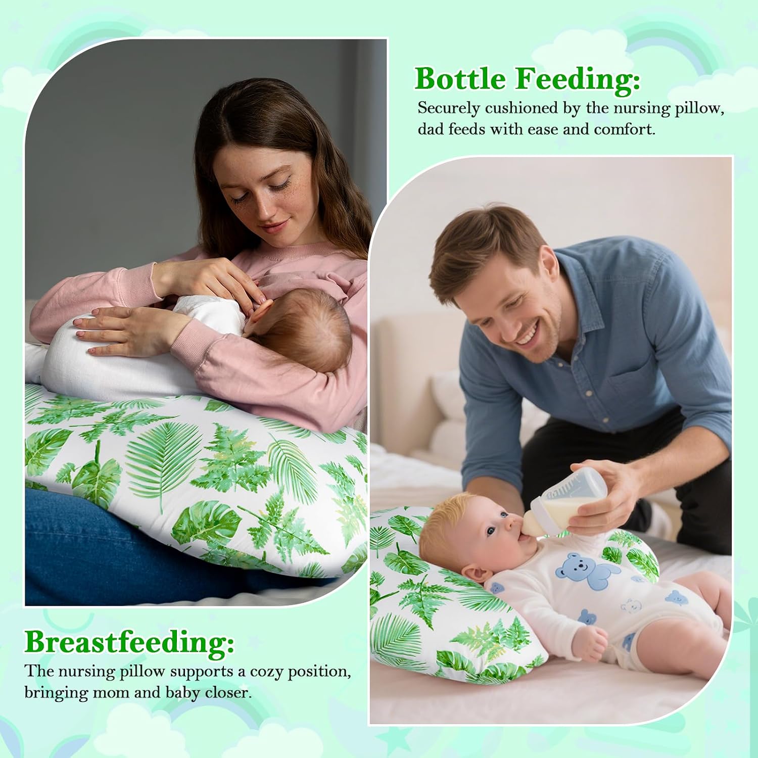 Nursing Pillow - Breastfeeding Pillow with Breathable Filling & Removable Cover, Ergonomic Support for Breastfeeding & Bottle (Big Green Leaves,0-12 Months)