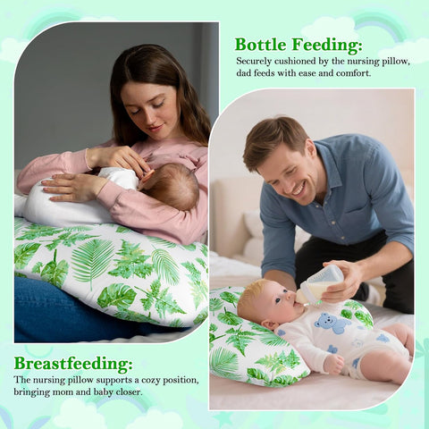 Nursing Pillow - Breastfeeding Pillow with Breathable Filling & Removable Cover, Ergonomic Support for Breastfeeding & Bottle (Big Green Leaves,0-12 Months)