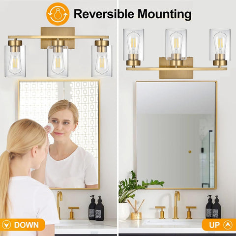 3-Light Bathroom Vanity Light, Modern Brushed Gold Wall Lights with Clear Glass Shades, Bathroom Wall Sconce Lamp for Mirror Living Room Bedroom Hallway
