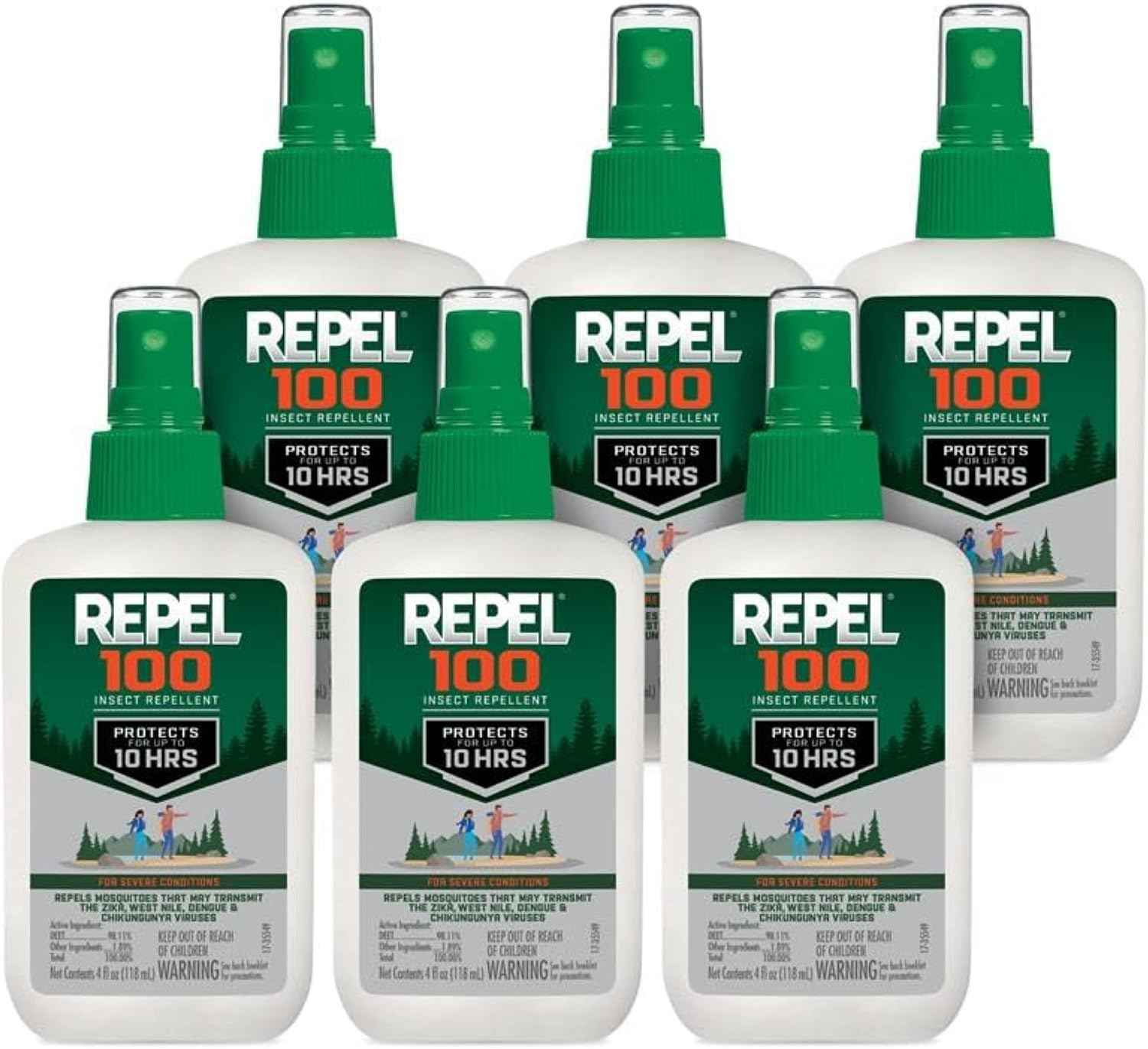 Repel 100 Mosquito & Insect Repellent 4 Oz, 98% DEET, 6 Pack | Repels Mosquitoes, Ticks, Gnats, Biting Flies, Chiggers & Fleas, Lasts Up To 10 Hours, Compact Bug Spray For Outdoor Travel