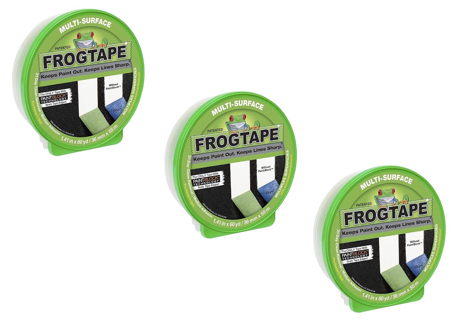 FrogTape Multi-Surface Painters Tape with PAINTBLOCK, 1 Inch Wide (0.94 in. x 60 Yds), Medium Adhesion, Green, 1 Roll (1358463) (Pack of 14)
