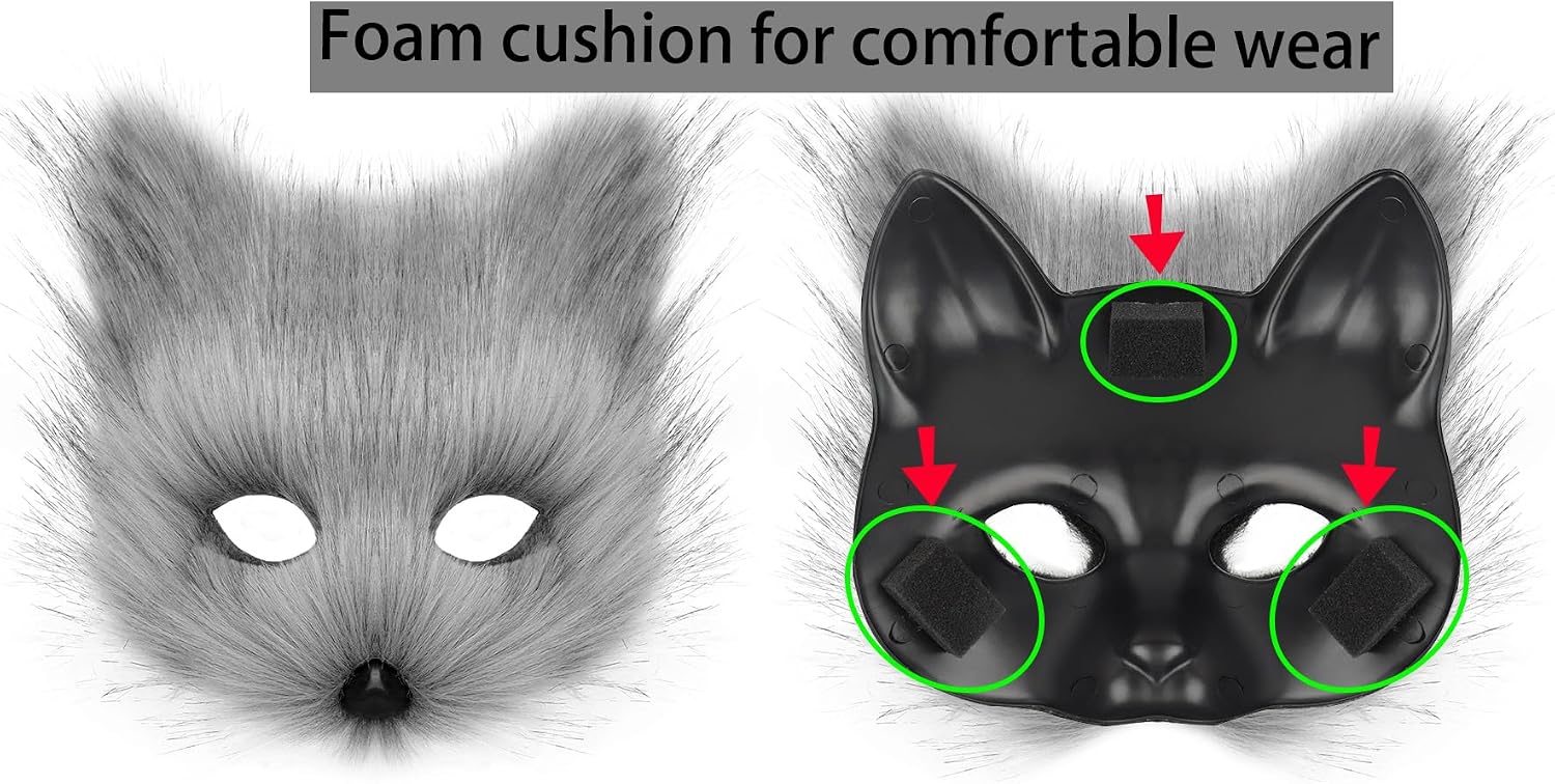 Therian Mask Animal Wolf Paw Gloves & Furry Cat Ears Collar Set with Fox Tail - Cosplay Costume Kit