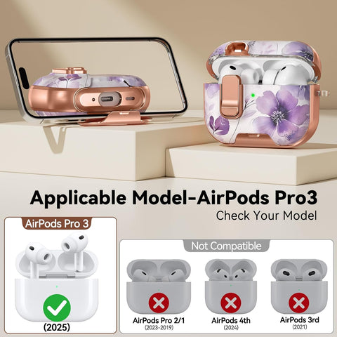 for AirPods Pro 3 Case 2025 with Safety Lock-Purple Flower