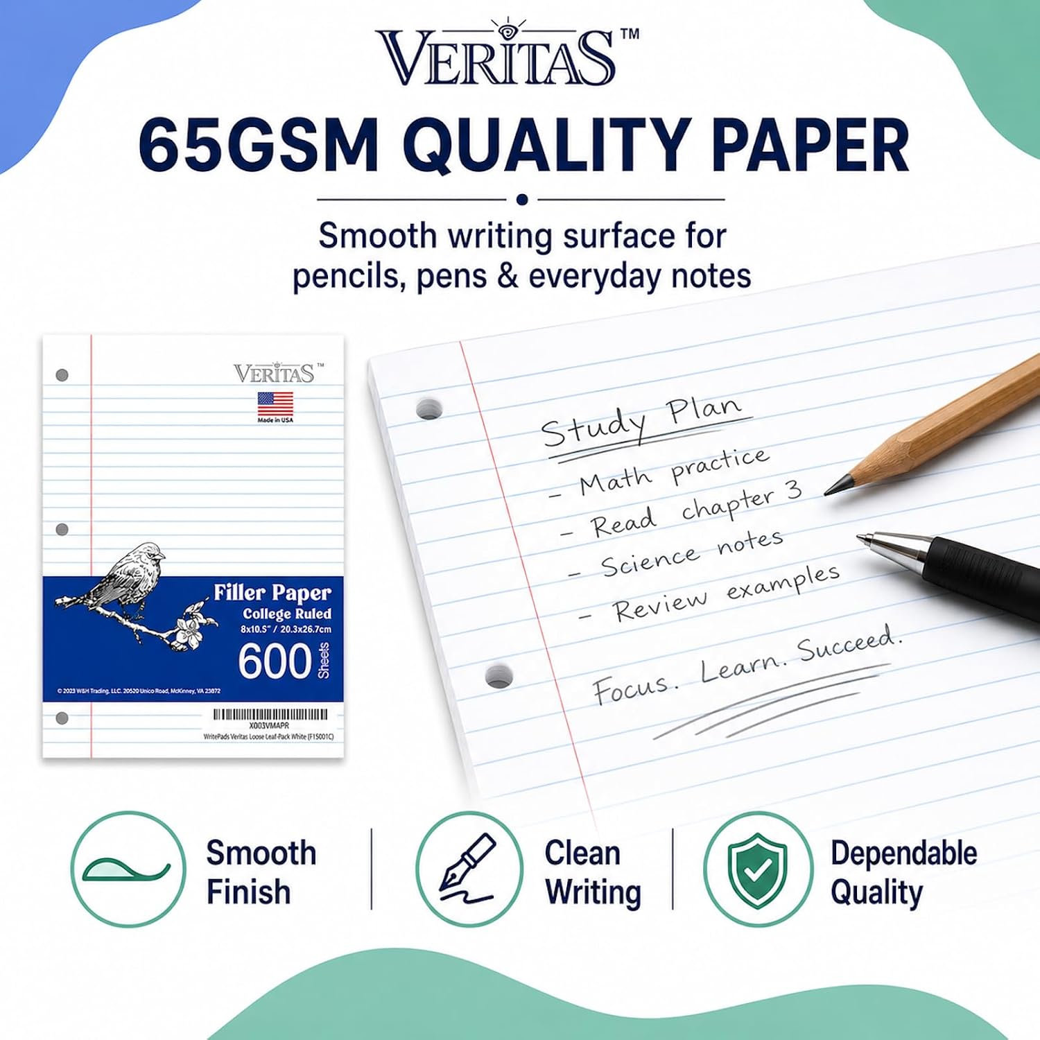 WritePads College Ruled Loose Leaf Paper, 600 Sheets Bulk Notebook Paper, 8"x10-1/2" 3 Hole Punched Filler Paper, Fits Standard 3-Ring Binder, 65lb Thick Paper, Made in USA