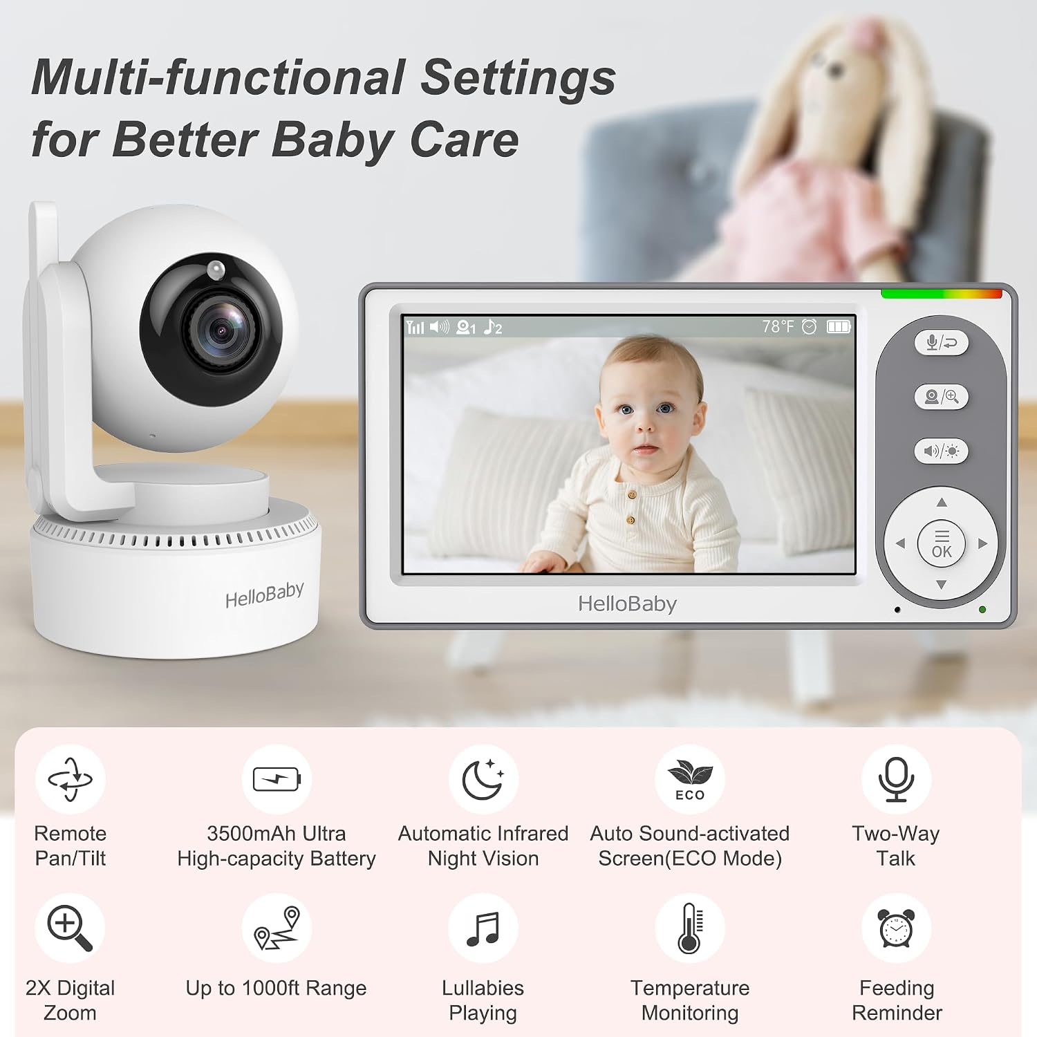 HelloBaby 4.3'' Video Baby Monitor No WiFi, 30 Hours Battery