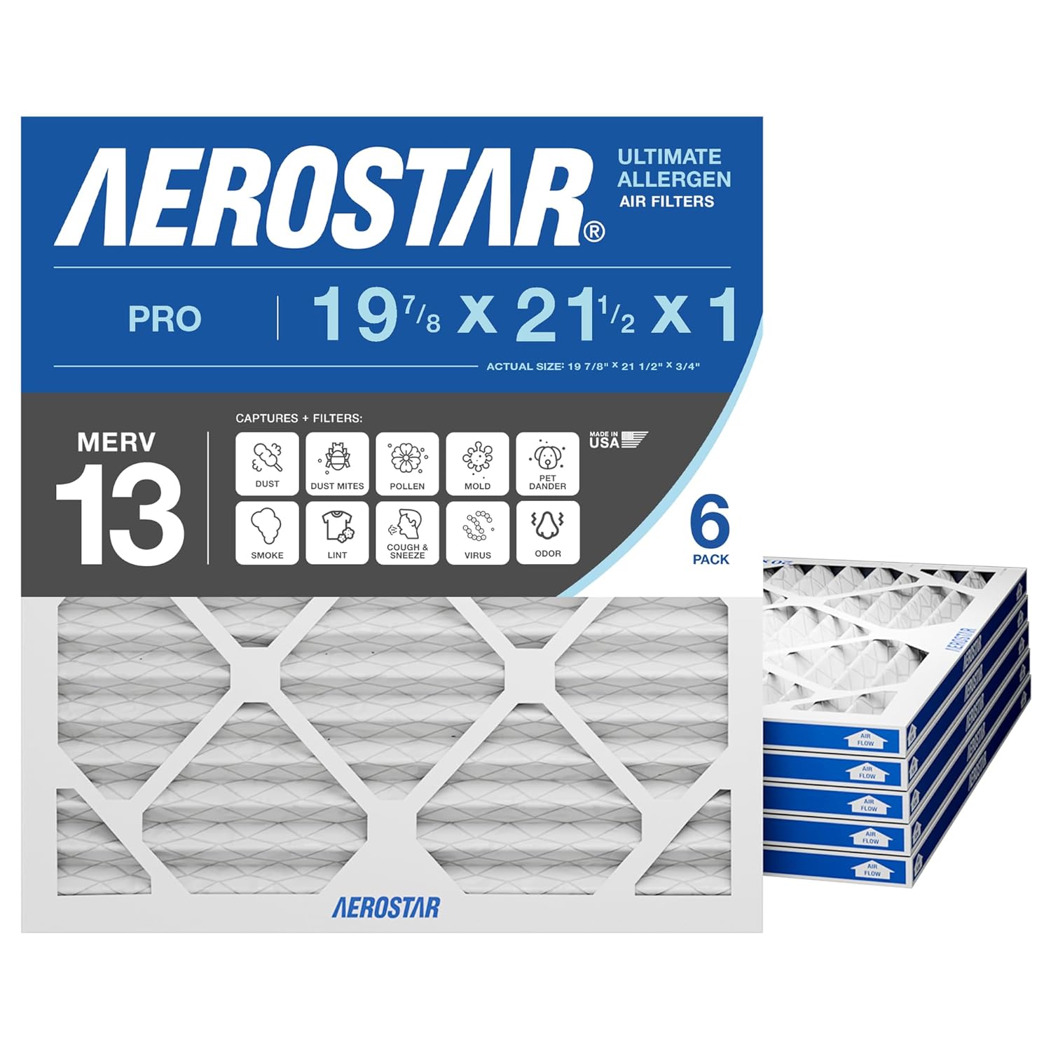 Aerostar Air Filter 20x20x1 MERV 13 AC Filter, HVAC, Furnace Filter, 6 Pack