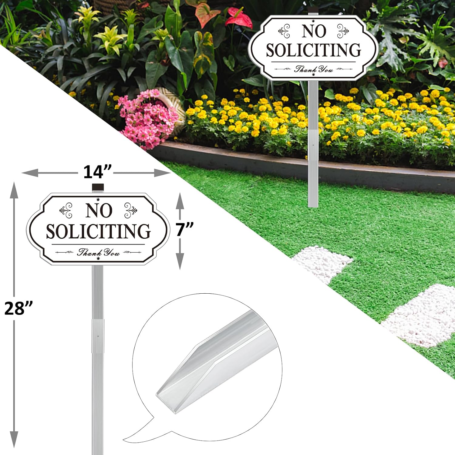 Heavy Duty No Soliciting Sign for House - All Metal Construction No Soliciting Yard Sign - 14" x 7" - Aluminum - with 28" Long Stake (BLACK and WHITE)