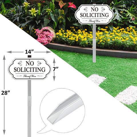 Heavy Duty No Soliciting Sign for House - All Metal Construction No Soliciting Yard Sign - 14" x 7" - Aluminum - with 28" Long Stake (BLACK and WHITE)