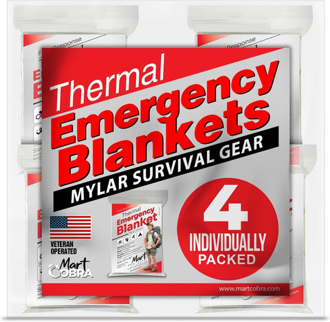 Emergency Blanket Mylar Thermal Space Survival Gear & Supplies 4-Pack Foil