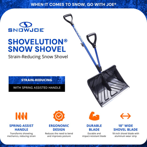 Snow Joe Shovelution Snow Shovel, Strain Reducing with Spring Assisted Handle, Poly Blade, & 50" Assembled Height