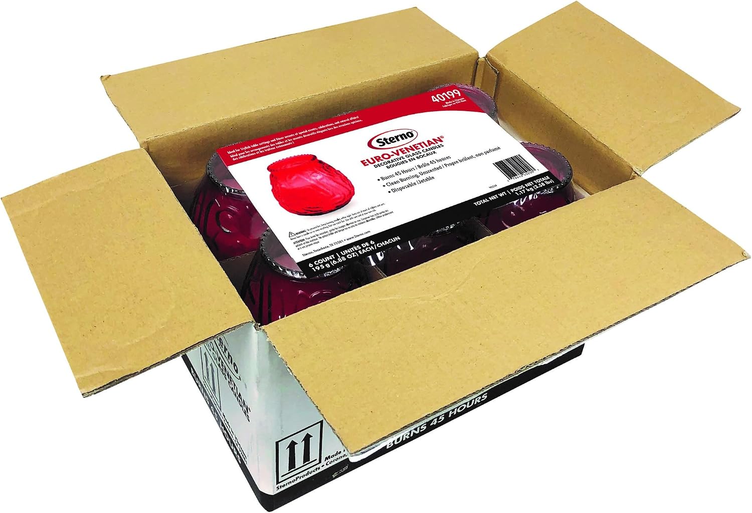Sterno Euro-Venetian Wax Candles, 45-Hour Burn, Red, 6 Pack