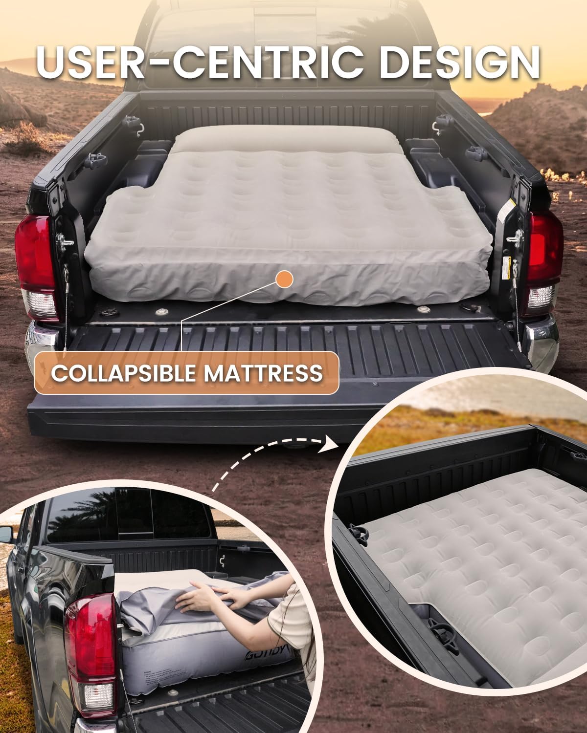 Short Truck Bed Air Mattress 5-5.5ft for Mid-Size Pickup with Tailgate Extension, Truck Bed Mattress for Tacoma Jeep Gladiator JT,Wired Air Pump, Oversized Carry Bag, Integrated Pillow