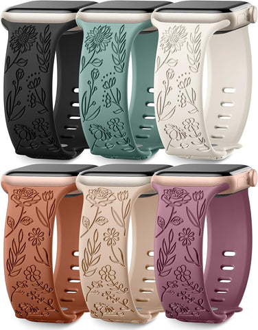 SNBLK 6 Pack Floral Engraved Bands Compatible with Apple Watch Bands 40mm 41mm 42mm 38mm 44mm 45mm 46mm 49mm Women Men, Silicone Flower Pattern Strap for iWatch Series 11 10 Se Ultra 9 8 7 6 5 4 3 2 1