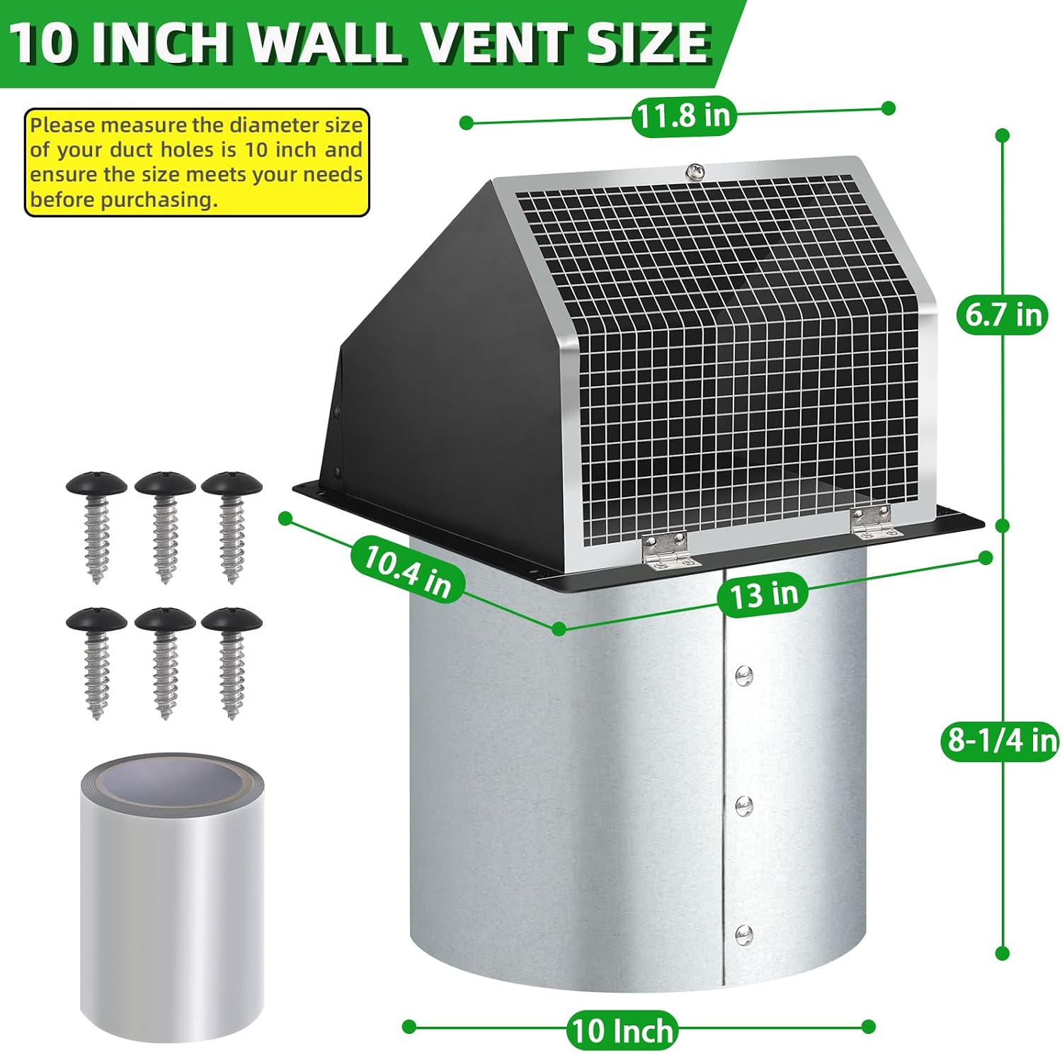 10 Inch Hooded Wall Vent with Screen and Damper,Outdoor Wall Exhaust Vent Cover Cap for Kitchen Range Hood HVAC Duct Dryer Ventilation&Outside Exterior Mount,Galvanized Steel,Black
