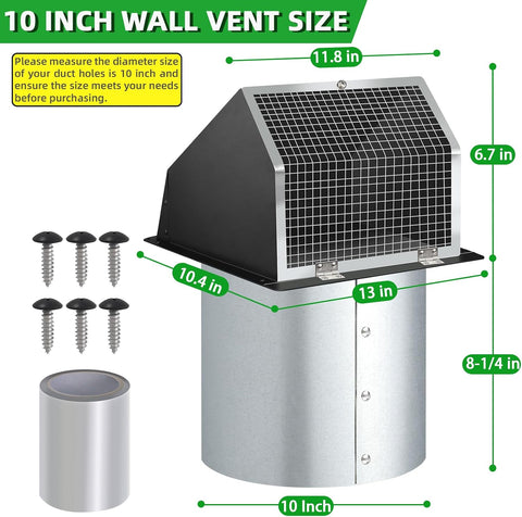 10 Inch Hooded Wall Vent with Screen and Damper,Outdoor Wall Exhaust Vent Cover Cap for Kitchen Range Hood HVAC Duct Dryer Ventilation&Outside Exterior Mount,Galvanized Steel,Black