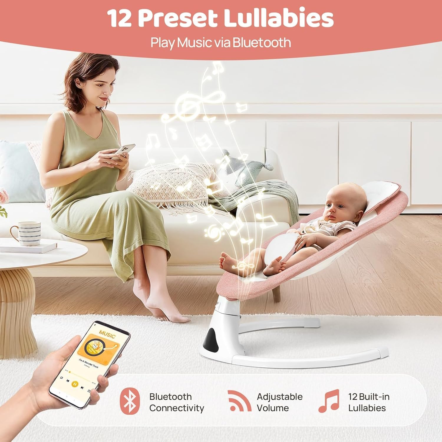 Baby Swings for Infants Remote Control 5-Speed Timer 12 Melodies Pink