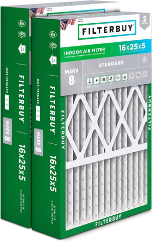 Filterbuy 16x25x5 Air Filter MERV 8 Dust & Allergy Defense (2-Pack)