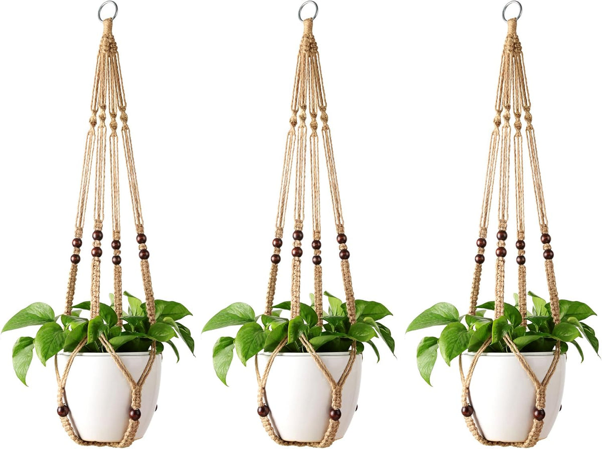 Mkono Macrame Plant Hanger Indoor 35 Inch Hanging Planter Basket Brown 3Pcs