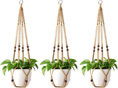 Mkono Macrame Plant Hanger Indoor 35 Inch Hanging Planter Basket Brown 3Pcs