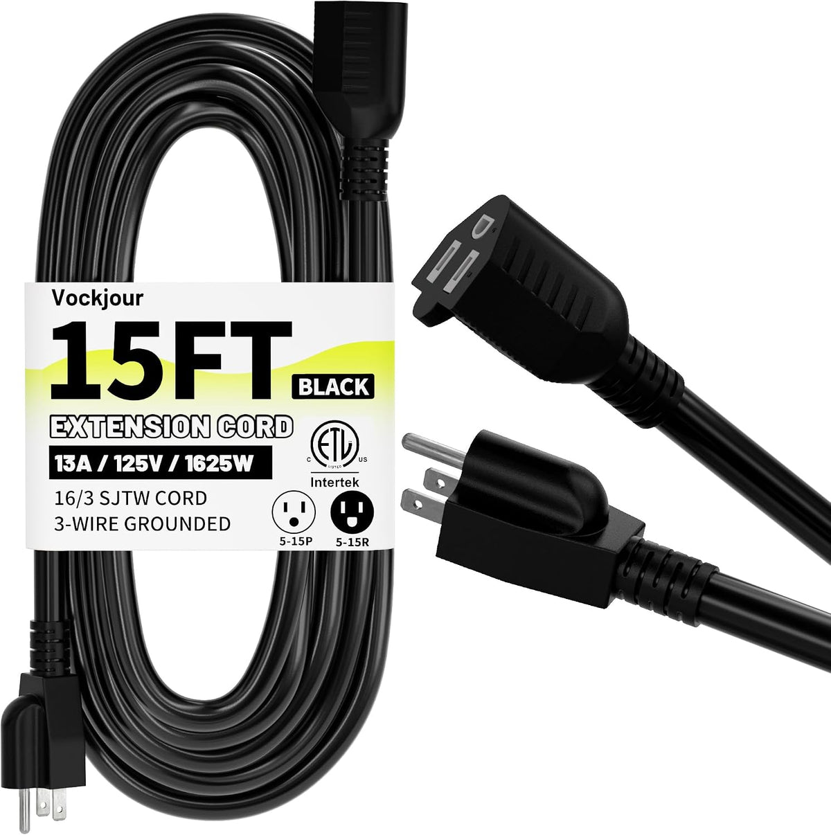 Vockjour 16/3 Black Indoor Outdoor Extension Cord 15 Ft Waterproof