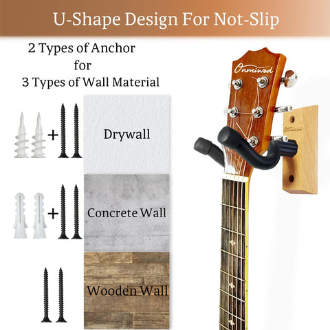 Guitar Wall Mount 3 Pack, Ash Hardwood Guitar Hanger, U-Shaped Guitar Wall Hanger Mount, Guitar Holder Hook Stand Wall for Acoustic, Electric Guitar, Banjo, Bass, Gift for Guitar Player