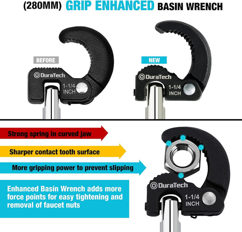 DURATECH 11" Basin Wrench, Sink Wrench, Adjustable Tap Nut Spanner Basin Spanner, Capacity of 3/8" to 1-1/4" for Fixing Back and Union Nuts Under Sink