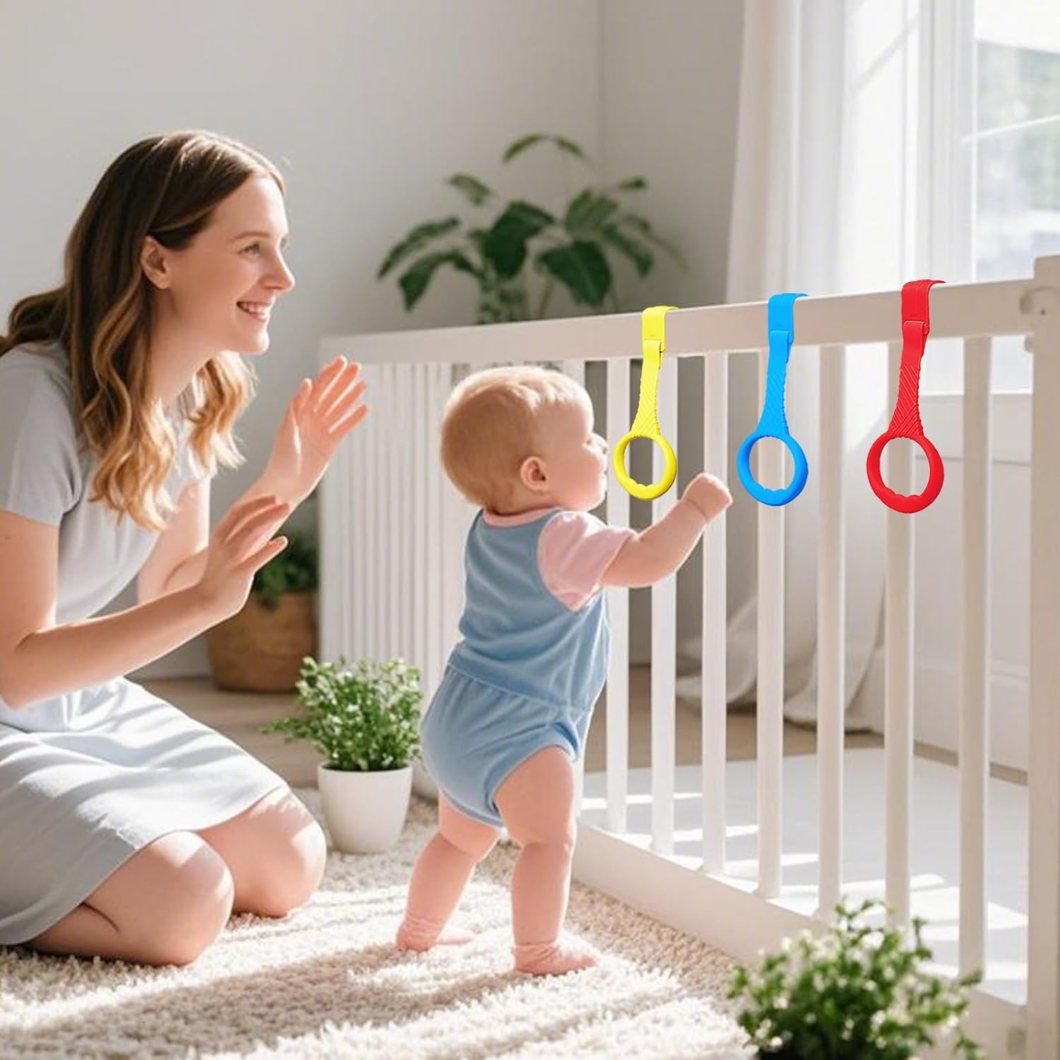 5PCS Playpen Baby Pull Up Rings - Premium Baby Handles for Play Pen Standing Up - Plastic Walking Exercises Assistant Rings for Infants Babies Toddler - Ergonomic Handles - 5 Colors