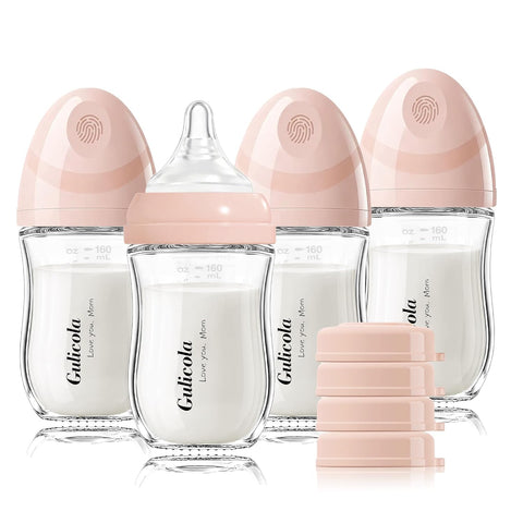 Gulicola Natural Glass Baby Bottle 4 Pack, Newborn Breastfeeding Bottles Set, Extra Slow Flow Nipples (SS), Anti Colic, 0 Months+, 5 oz - Pink