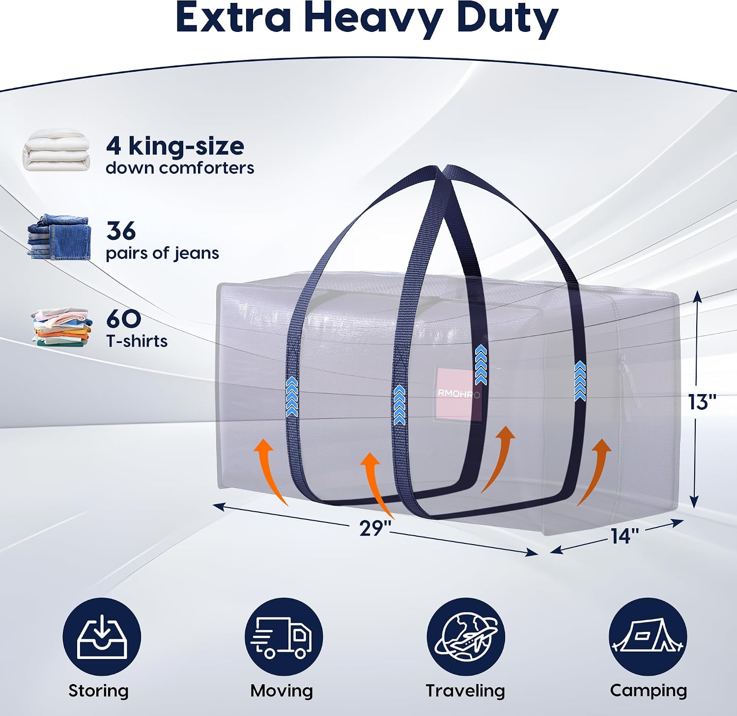 6 Pack Moving Bags Heavy Duty 210GSM with Full-Open Side Zipper, 93L 220lbs Waterproof Foldable Storage Totes for College Dorm Move-In, Moving Boxes Alternative & Home Organization, Blue