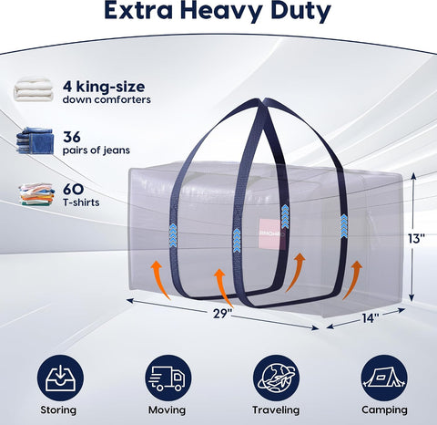 6 Pack Moving Bags Heavy Duty 210GSM with Full-Open Side Zipper, 93L 220lbs Waterproof Foldable Storage Totes for College Dorm Move-In, Moving Boxes Alternative & Home Organization, Blue